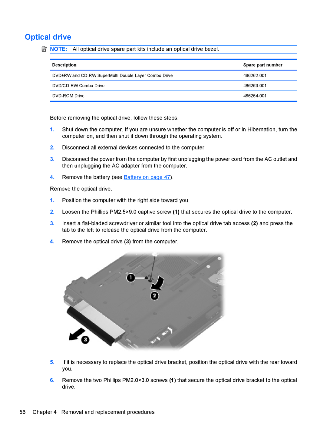 HP AW389USABA, FN023UAABA manual Optical drive, Description Spare part number 