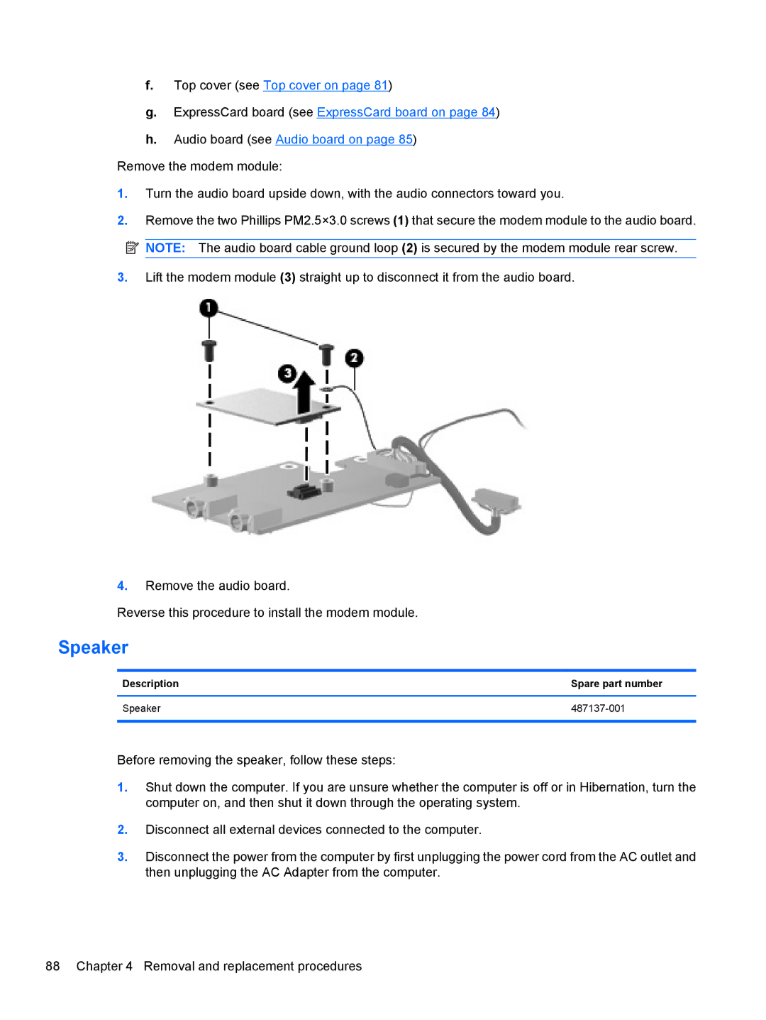 HP AW389USABA, FN023UAABA manual Description Spare part number Speaker 487137-001 