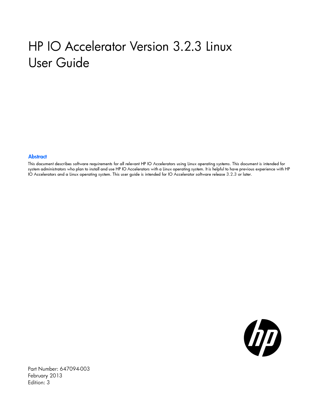 HP B- Accelerators Linux manual HP IO Accelerator Version 3.2.3 Linux User Guide 