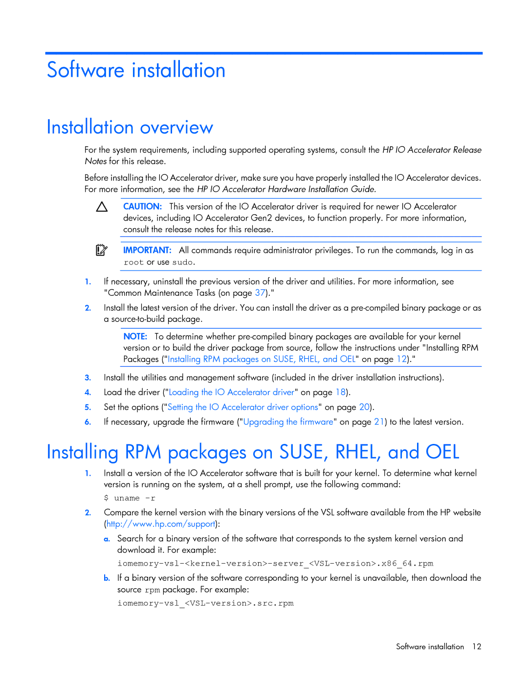 HP B- Accelerators Linux Software installation, Installation overview, Installing RPM packages on SUSE, RHEL, and OEL 