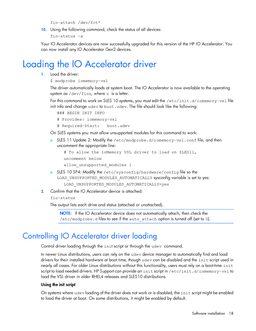 HP B- Accelerators Linux Loading the IO Accelerator driver, Controlling IO Accelerator driver loading, Fio-attach /dev/fct 