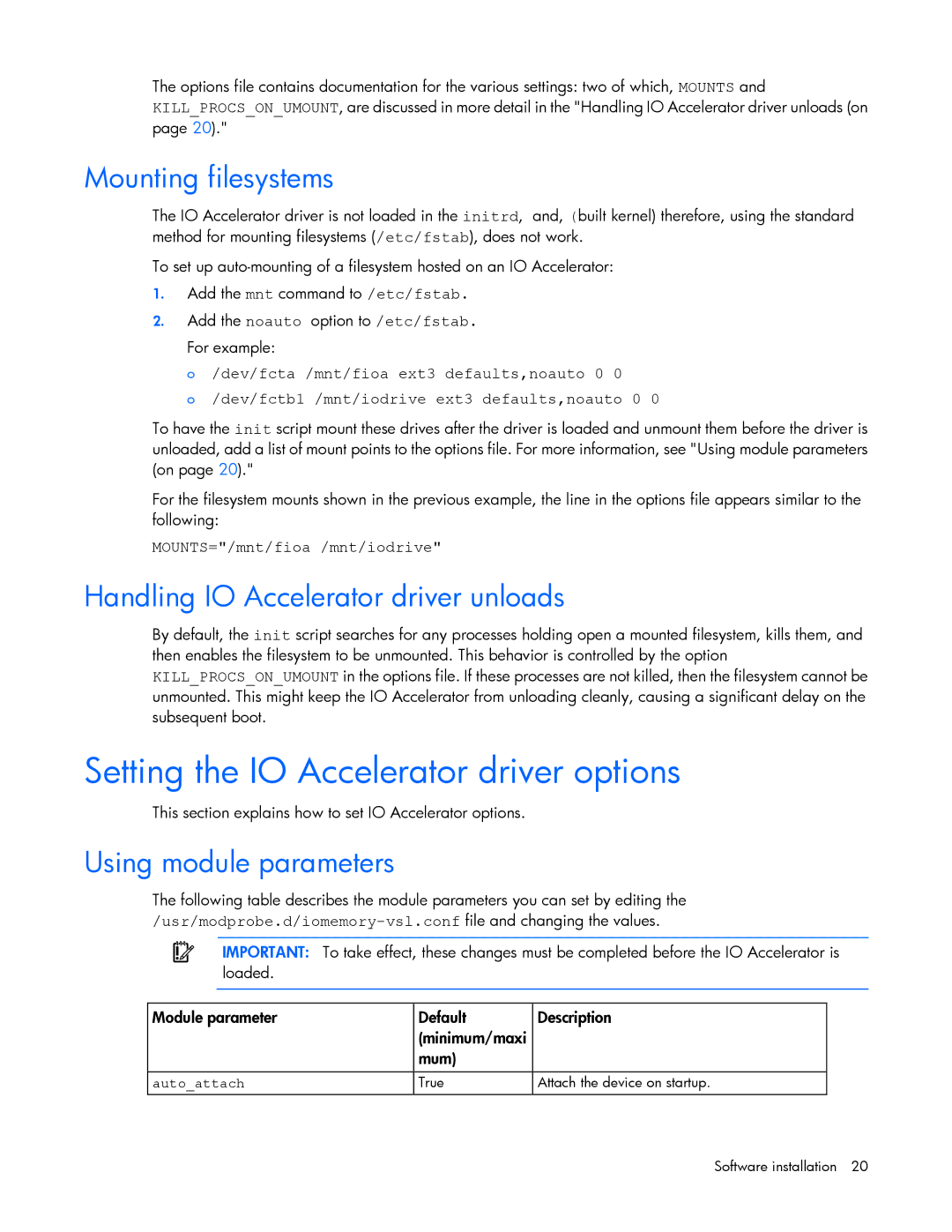 HP B- Accelerators Linux manual Setting the IO Accelerator driver options, Mounting filesystems, Using module parameters 