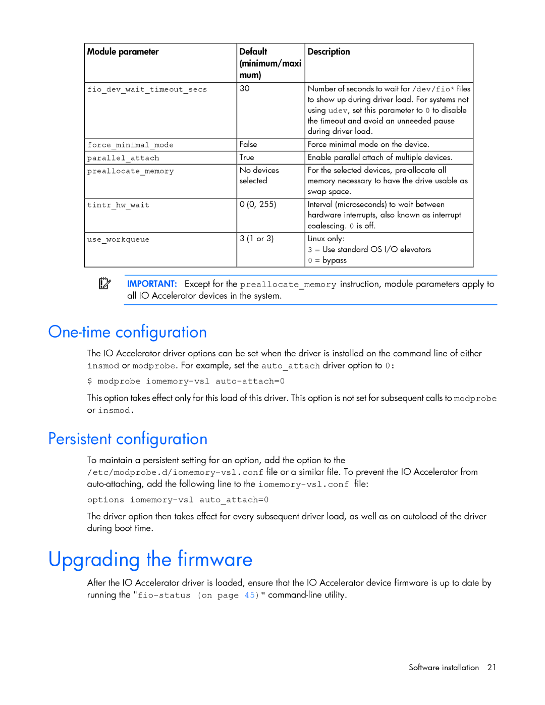 HP B- Accelerators Linux manual Upgrading the firmware, One-time configuration, Persistent configuration 