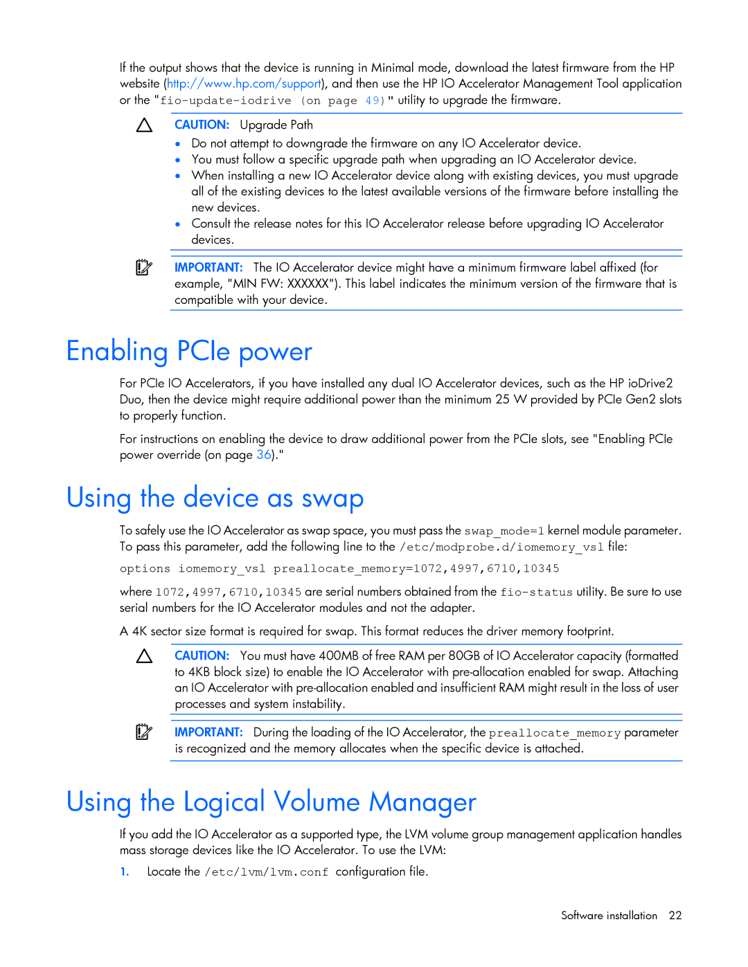 HP B- Accelerators Linux manual Enabling PCIe power, Using the device as swap, Using the Logical Volume Manager 