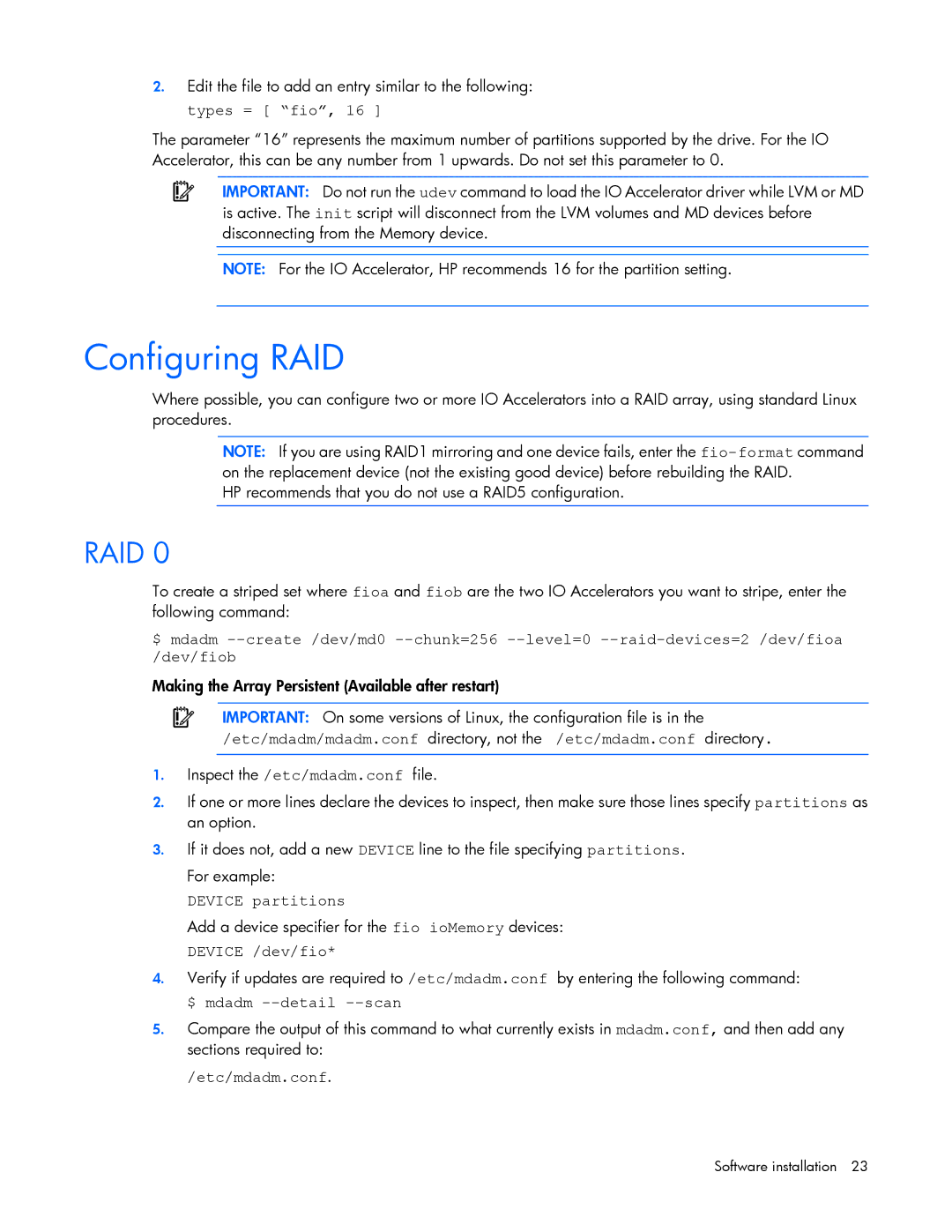 HP B- Accelerators Linux manual Configuring RAID, Device partitions, Device /dev/fio, Etc/mdadm.conf 