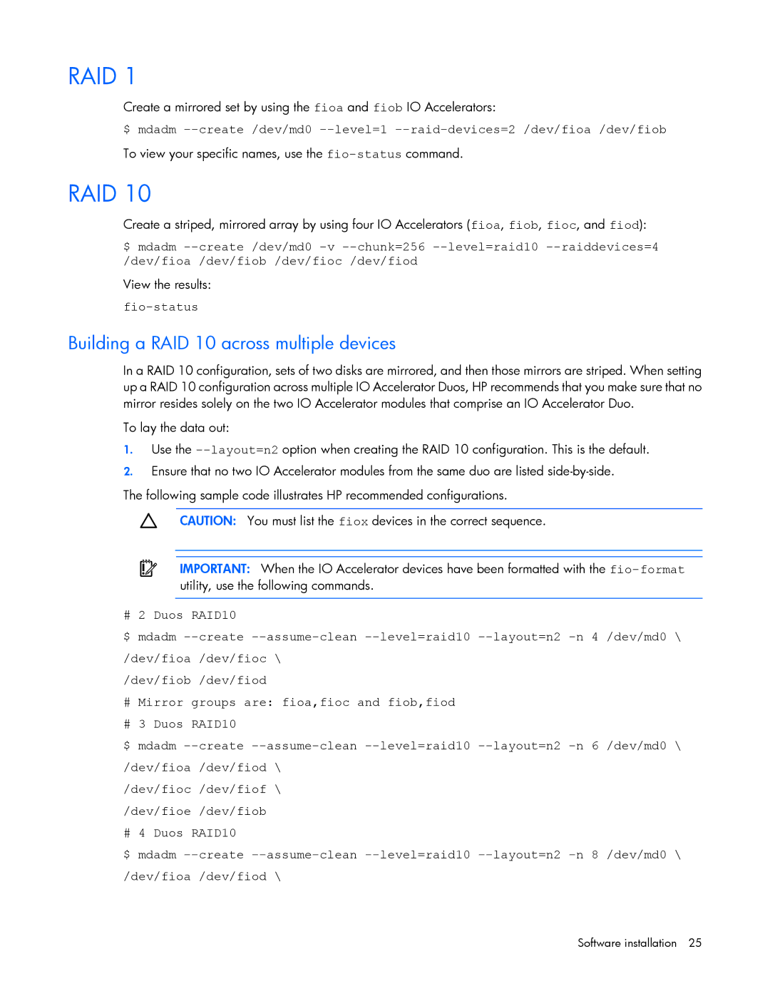 HP B- Accelerators Linux manual Building a RAID 10 across multiple devices, Fio-status 