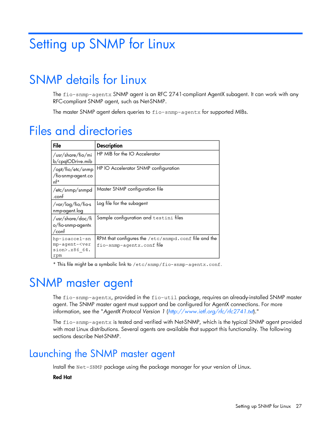 HP B- Accelerators Linux manual Setting up Snmp for Linux, Snmp details for Linux, Files and directories, Snmp master agent 