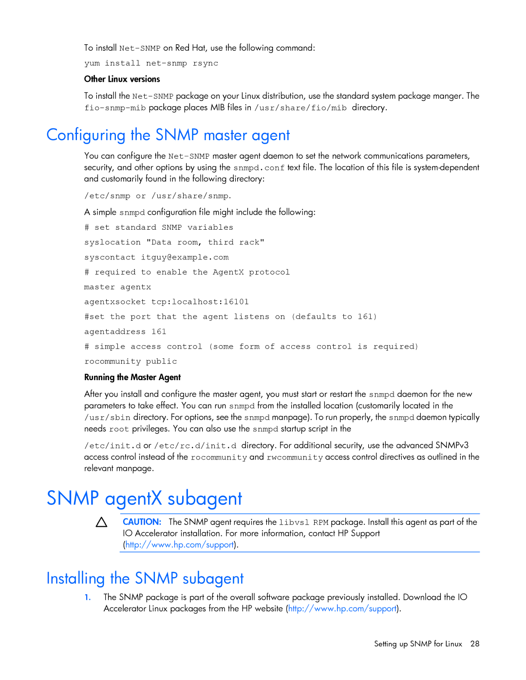 HP B- Accelerators Linux manual Snmp agentX subagent, Configuring the Snmp master agent, Installing the Snmp subagent 