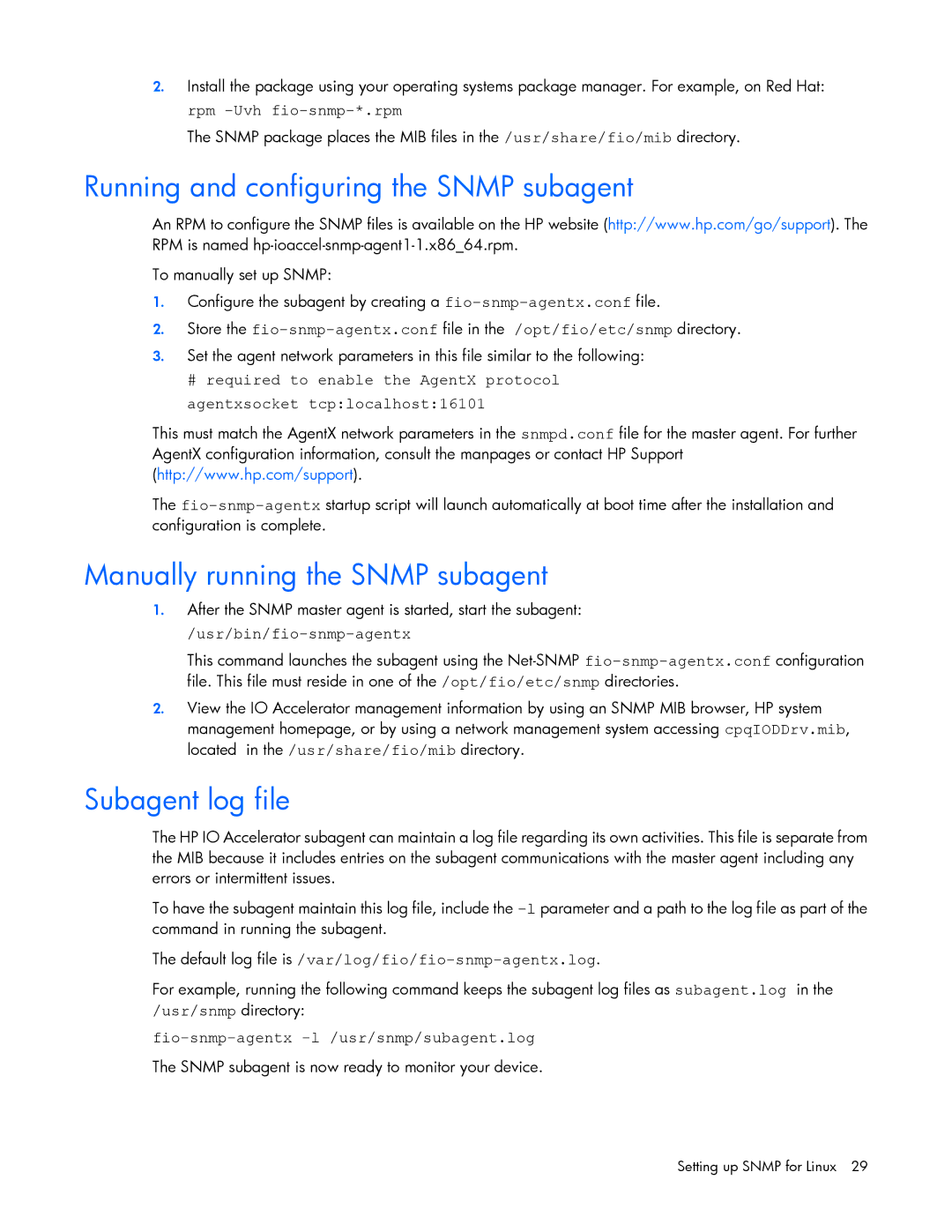 HP B- Accelerators Linux Running and configuring the Snmp subagent, Manually running the Snmp subagent, Subagent log file 