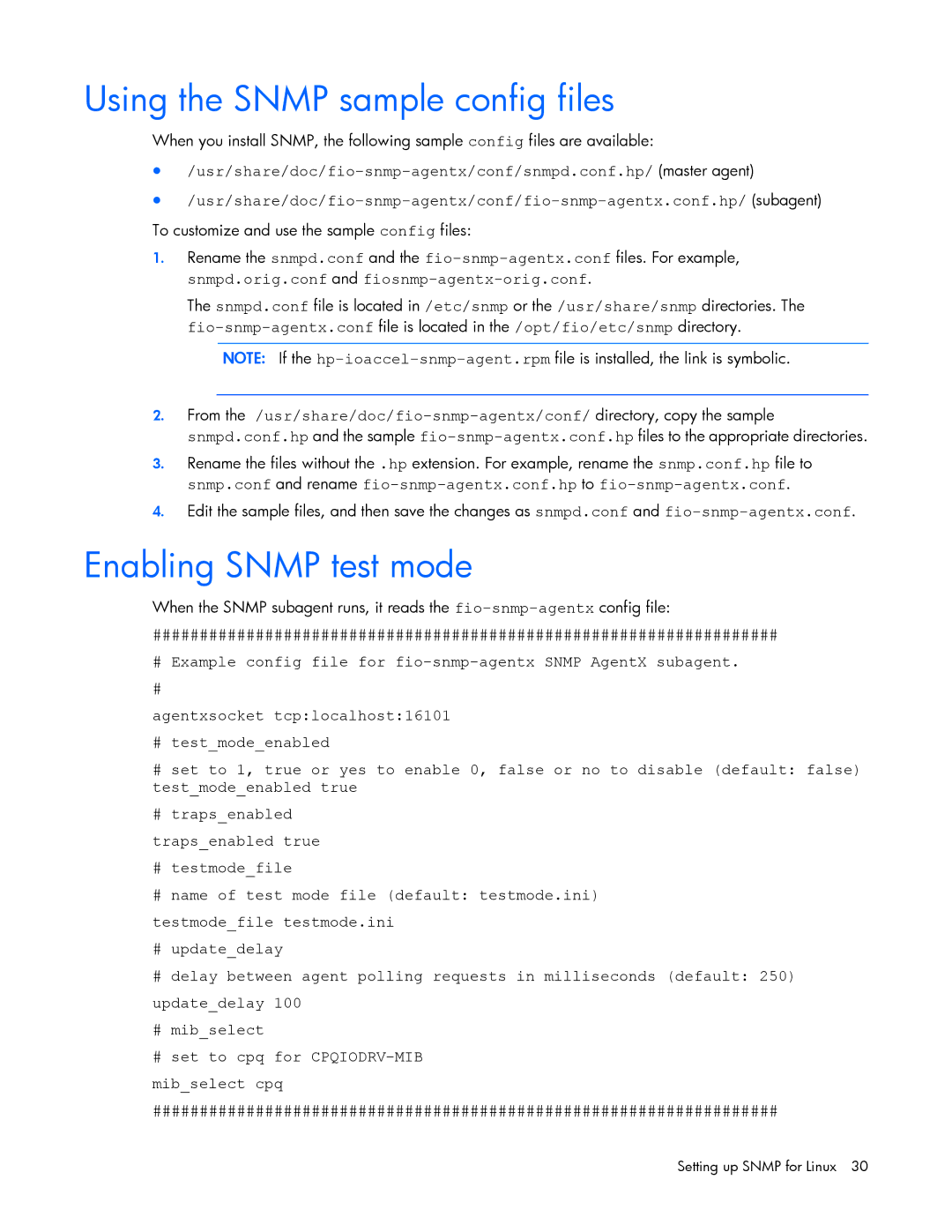 HP B- Accelerators Linux manual Using the Snmp sample config files, Enabling Snmp test mode 