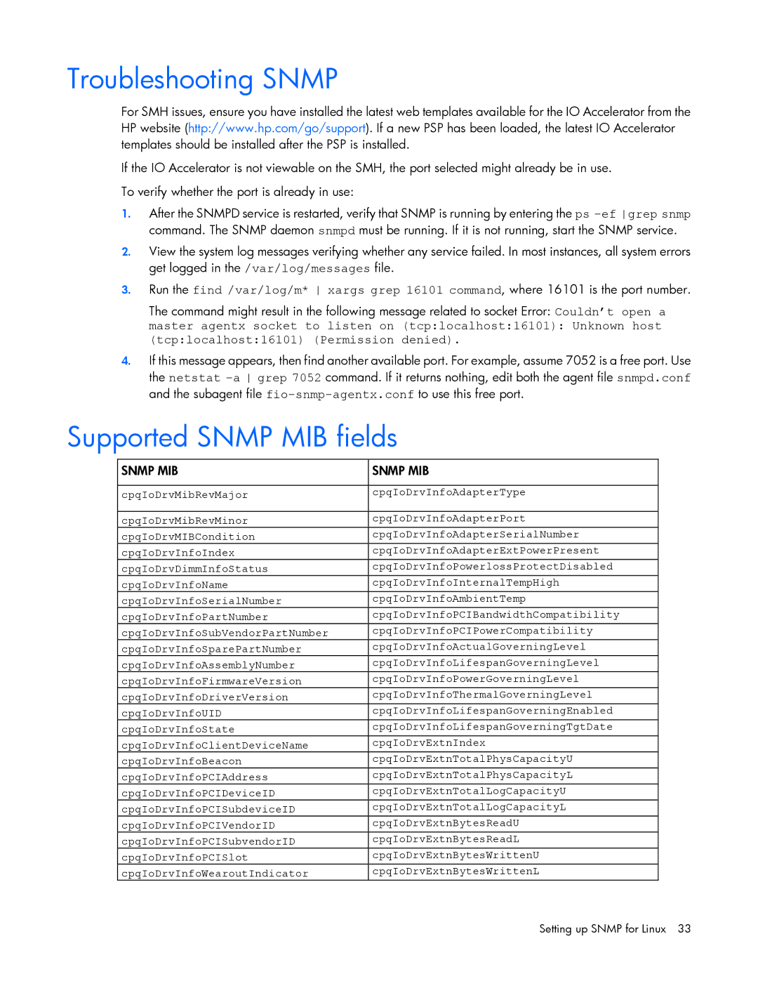 HP B- Accelerators Linux manual Troubleshooting Snmp, Supported Snmp MIB fields 