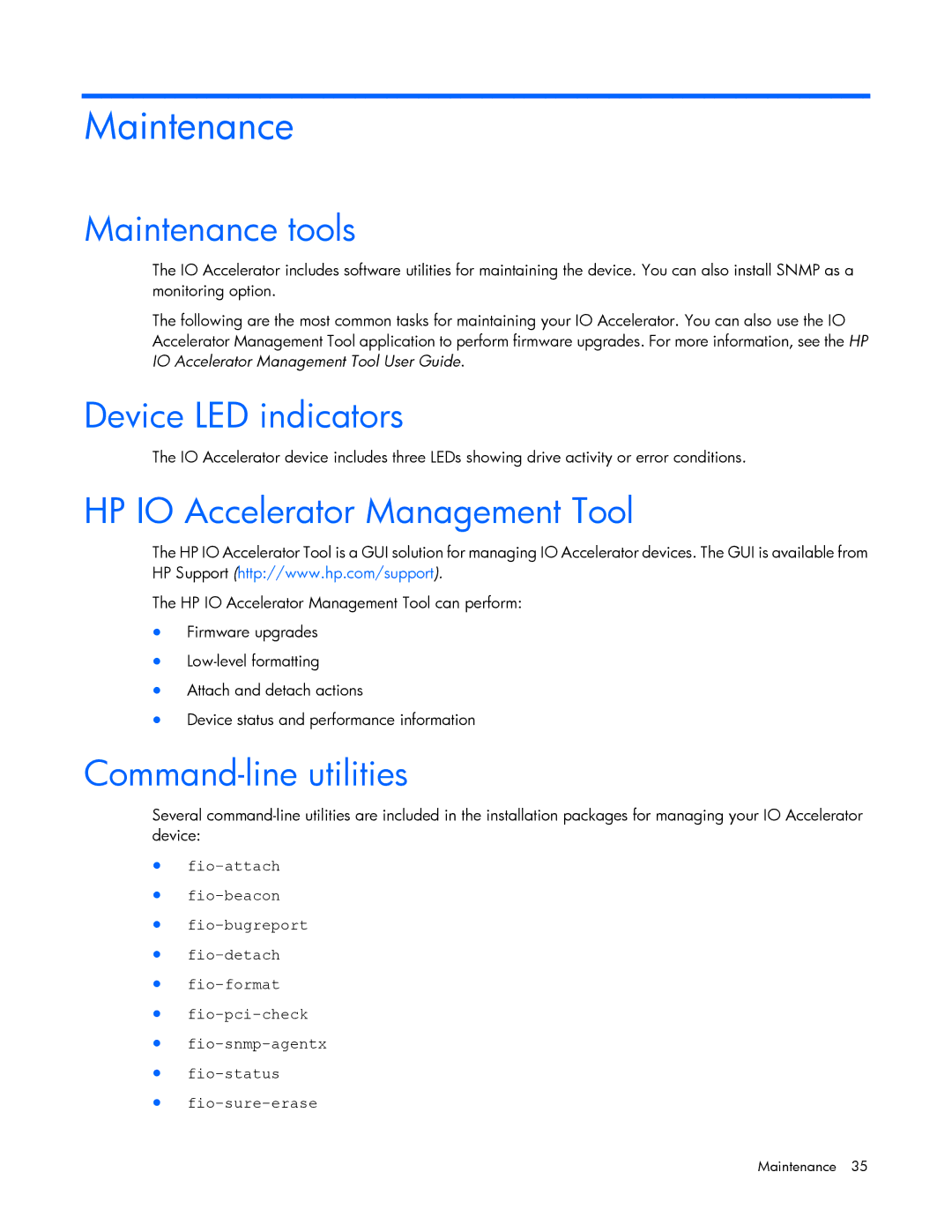 HP B- Accelerators Linux manual Maintenance tools, Device LED indicators, HP IO Accelerator Management Tool 