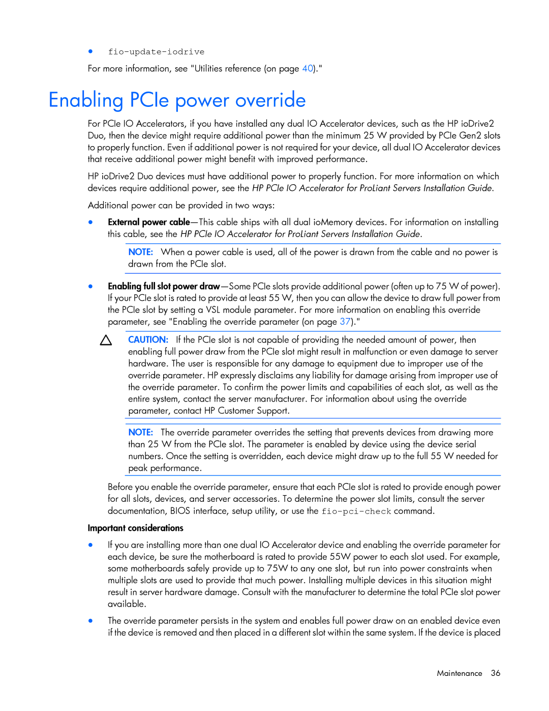 HP B- Accelerators Linux manual Enabling PCIe power override, Fio-update-iodrive 