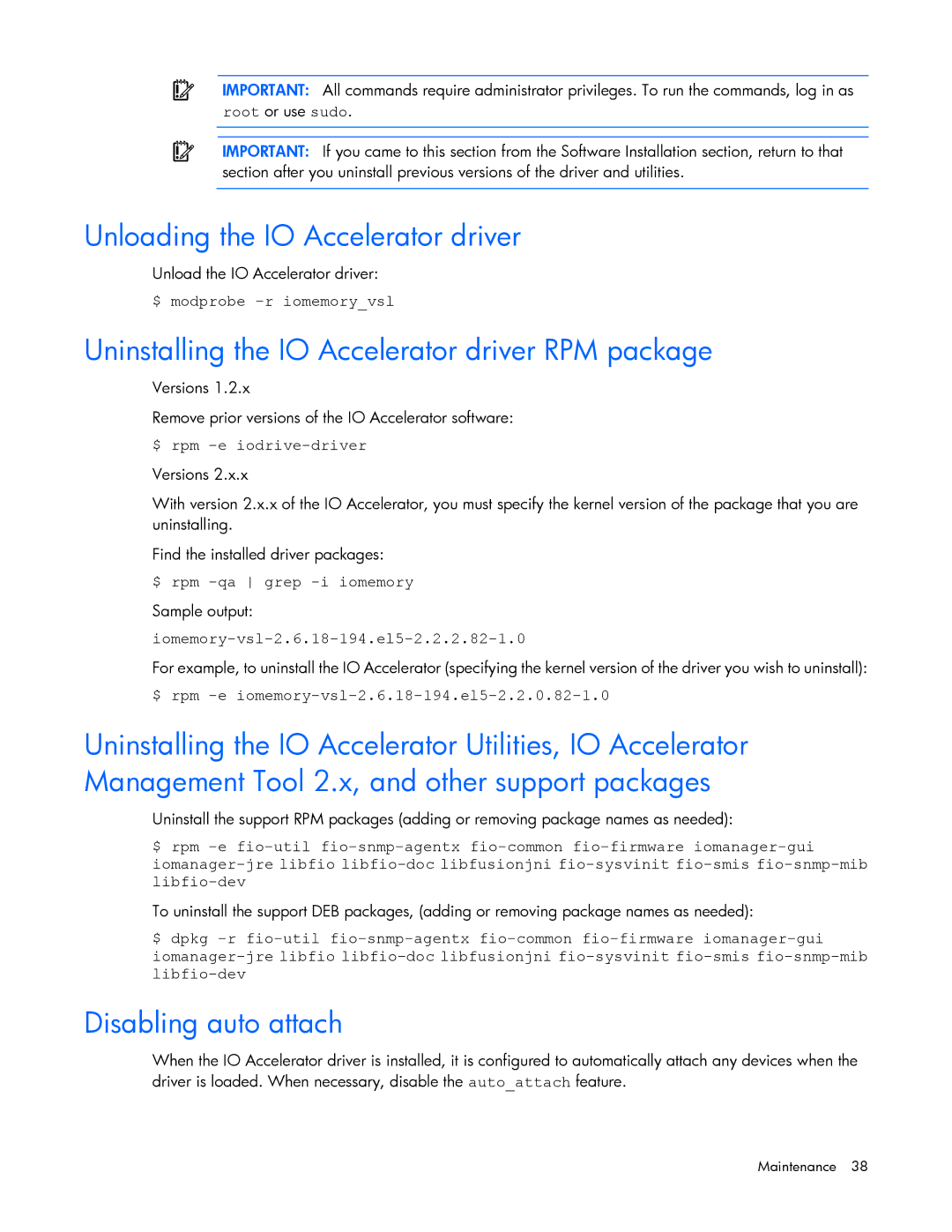 HP B- Accelerators Linux manual Unloading the IO Accelerator driver, Uninstalling the IO Accelerator driver RPM package 