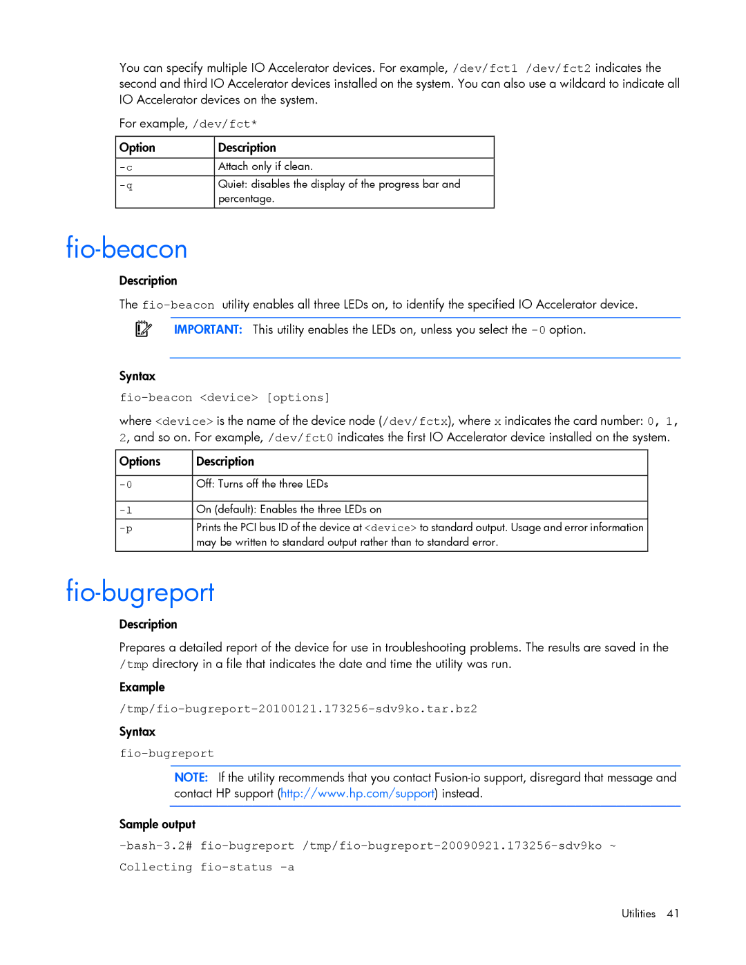 HP B- Accelerators Linux Fio-bugreport, Fio-beacon device options, Tmp/fio-bugreport-20100121.173256-sdv9ko.tar.bz2 