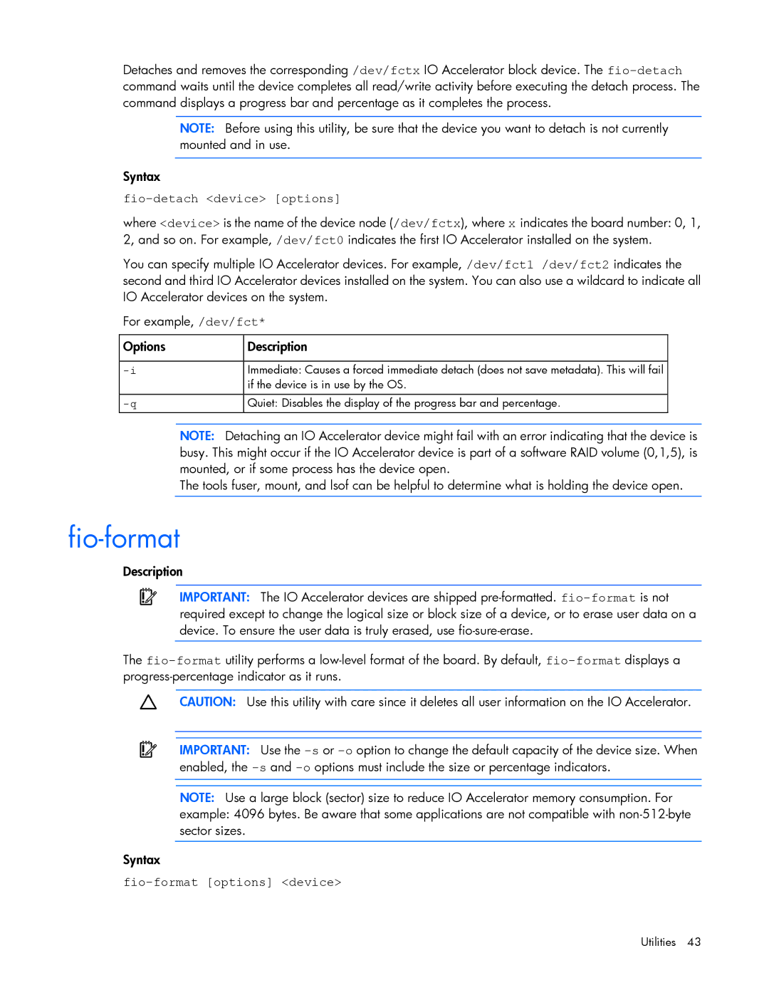 HP B- Accelerators Linux manual Fio-detach device options, Fio-format options device 