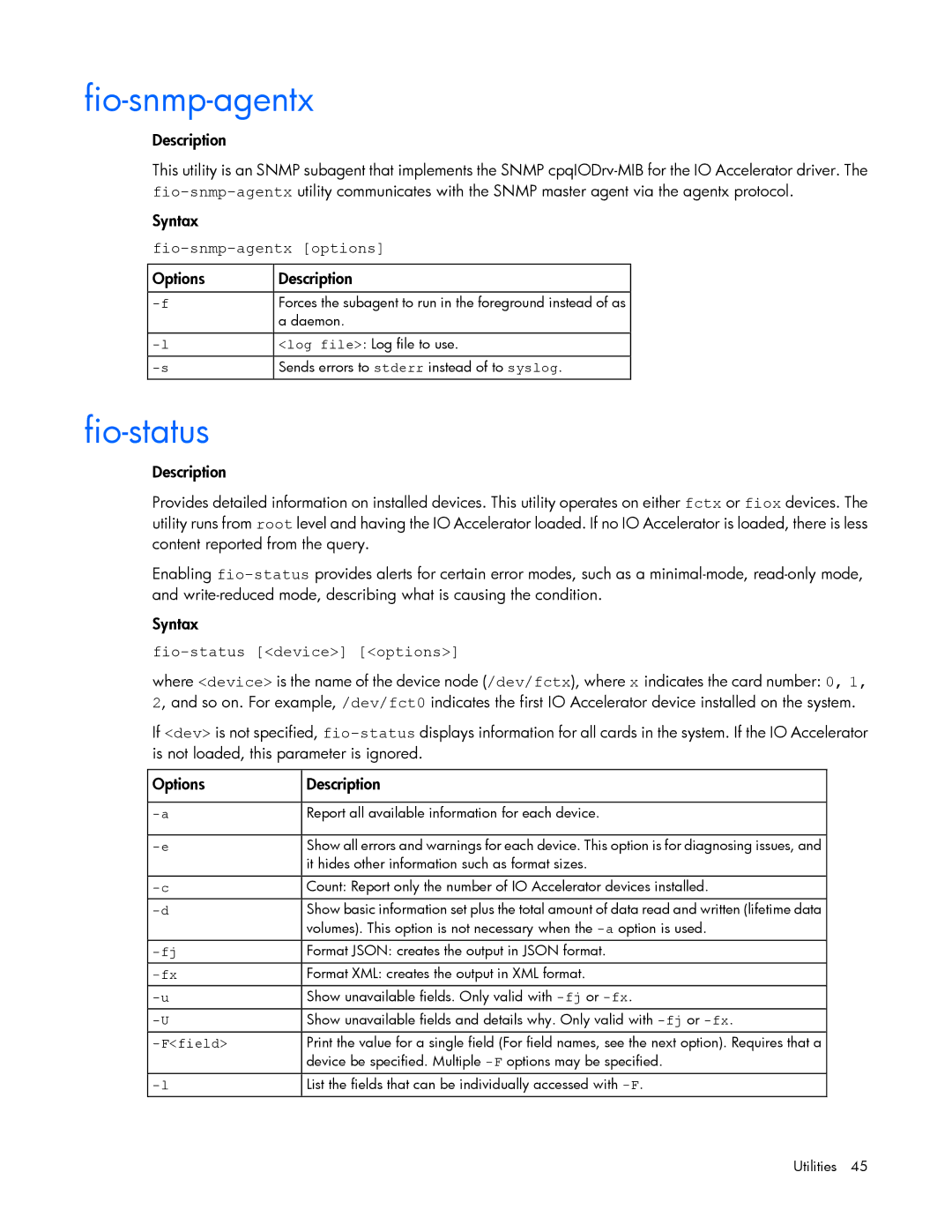 HP B- Accelerators Linux manual Fio-snmp-agentx options, Fio-status device options 