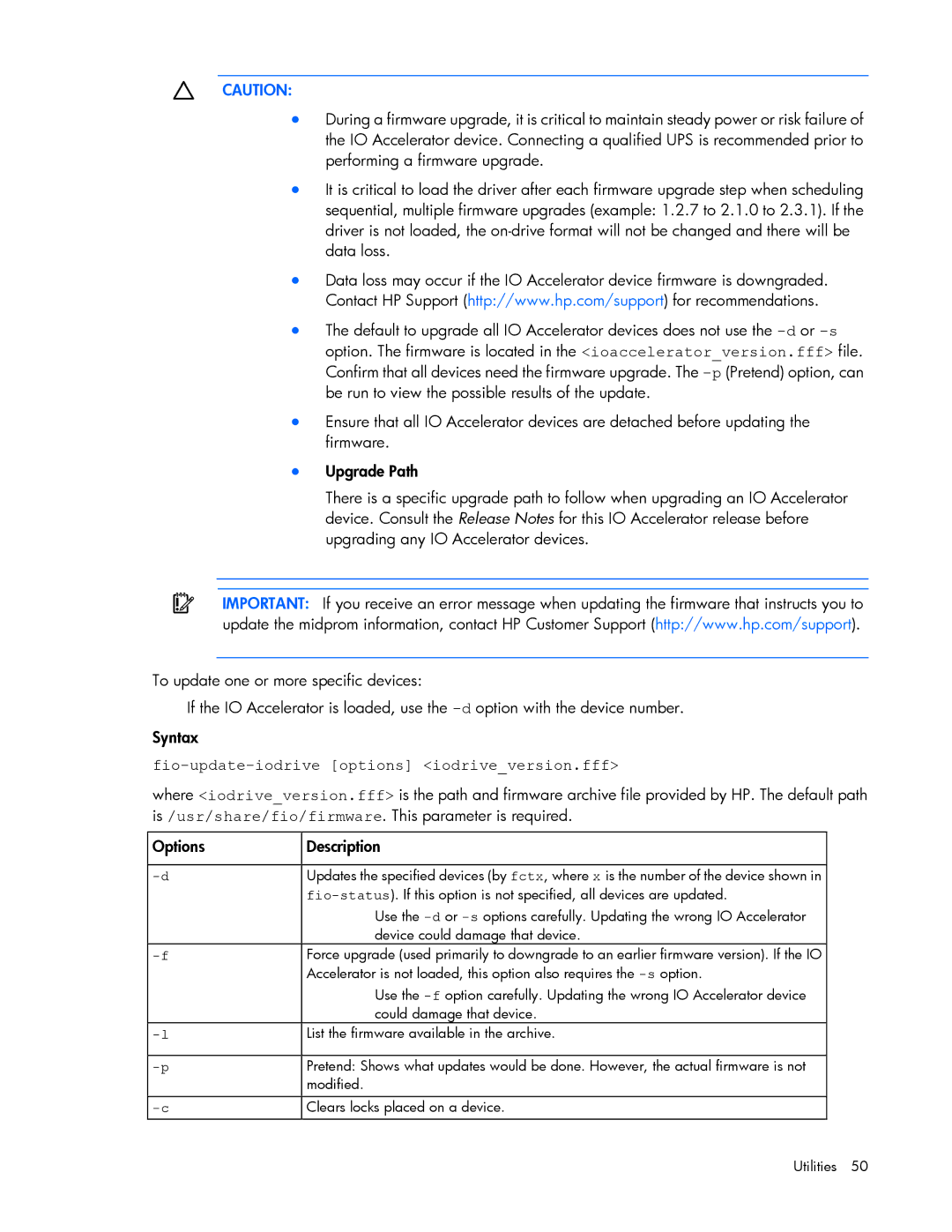 HP B- Accelerators Linux manual Fio-update-iodrive options iodriveversion.fff 