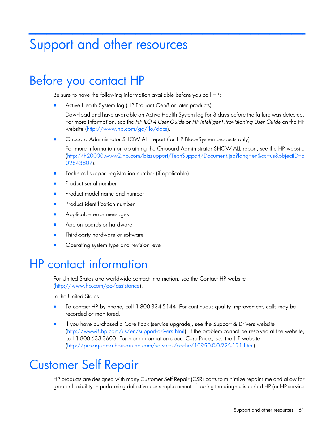 HP B- Accelerators Linux Support and other resources, Before you contact HP, HP contact information, Customer Self Repair 