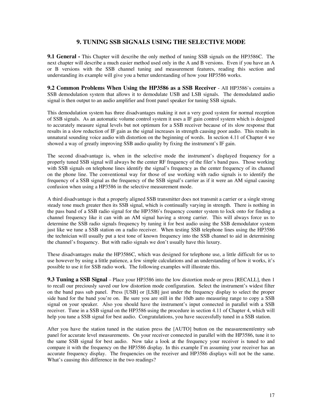 HP 3586A, C manual Tuning SSB Signals Using the Selective Mode 