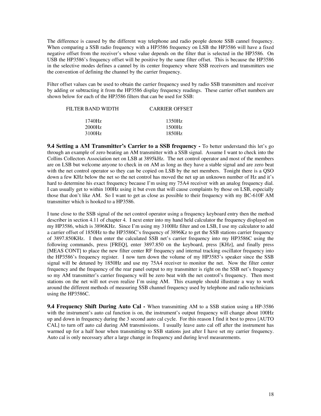 HP 3586A manual Filter Band Width Carrier Offset 