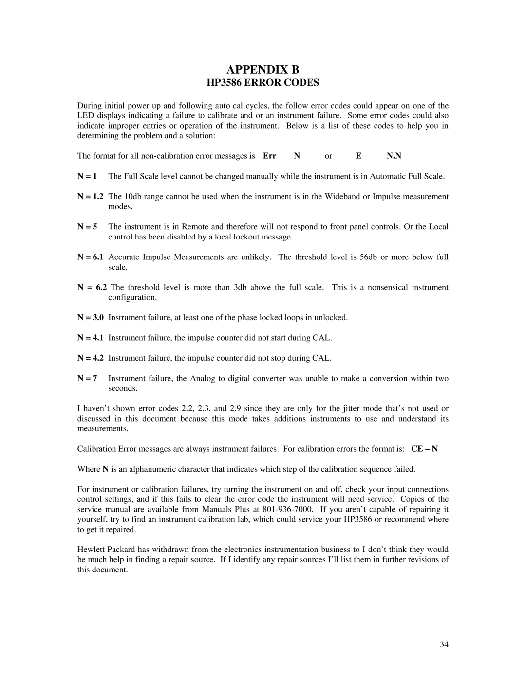 HP 3586A manual Appendix B, HP3586 Error Codes 