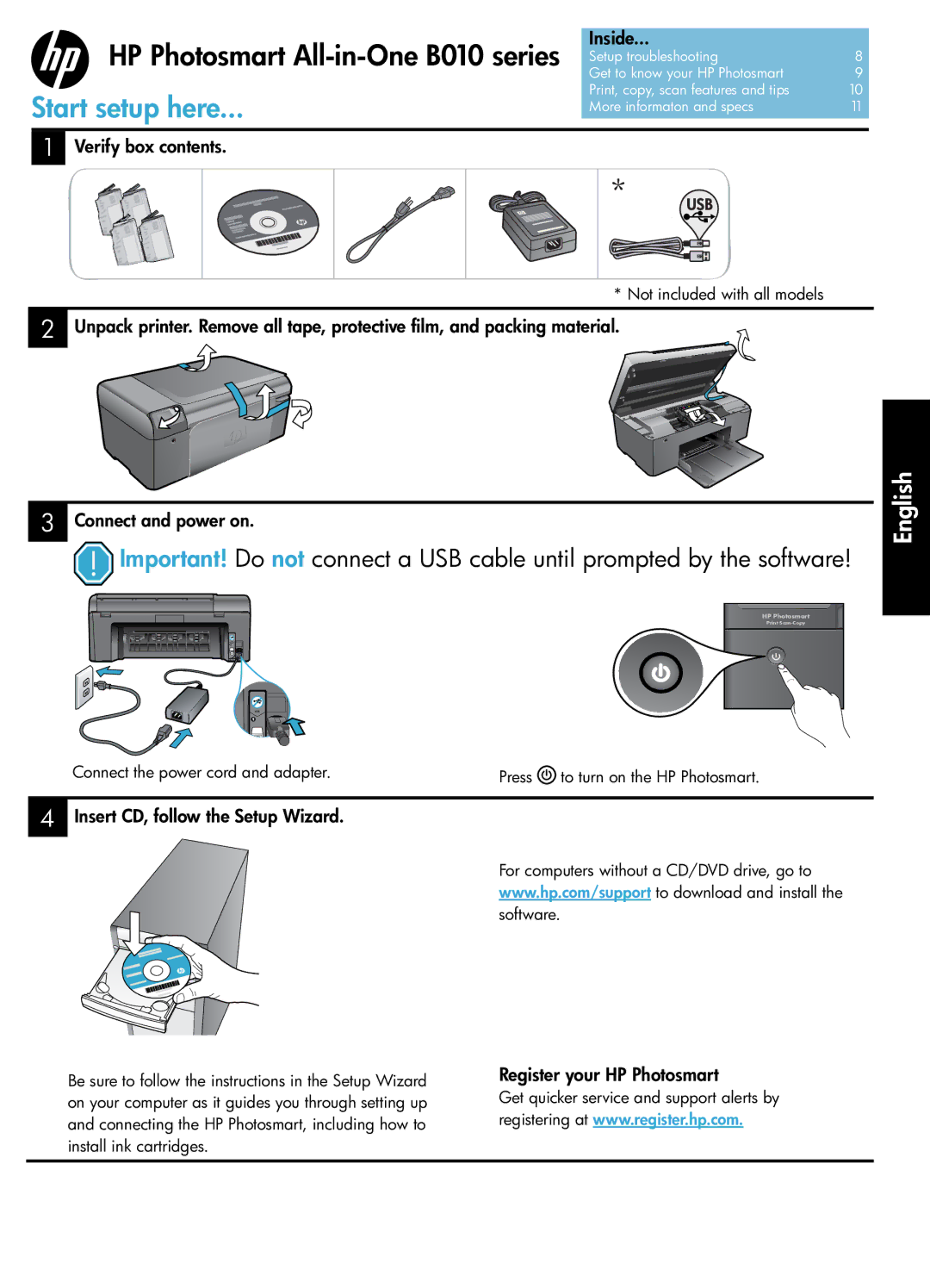 HP B010 Verify box contents, Insert CD, follow the Setup Wizard, Register your HP Photosmart, Not included with all models 