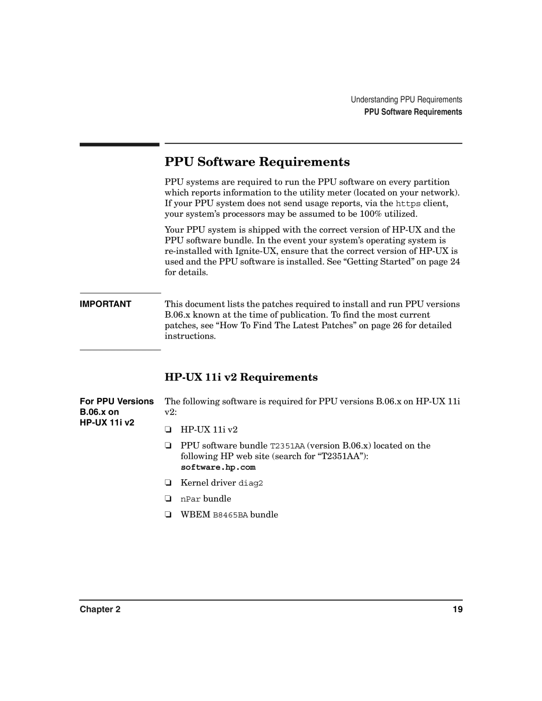 HP B.06.X manual PPU Software Requirements, HP-UX 11i v2 Requirements, For PPU Versions B.06.x on HP-UX 11i 