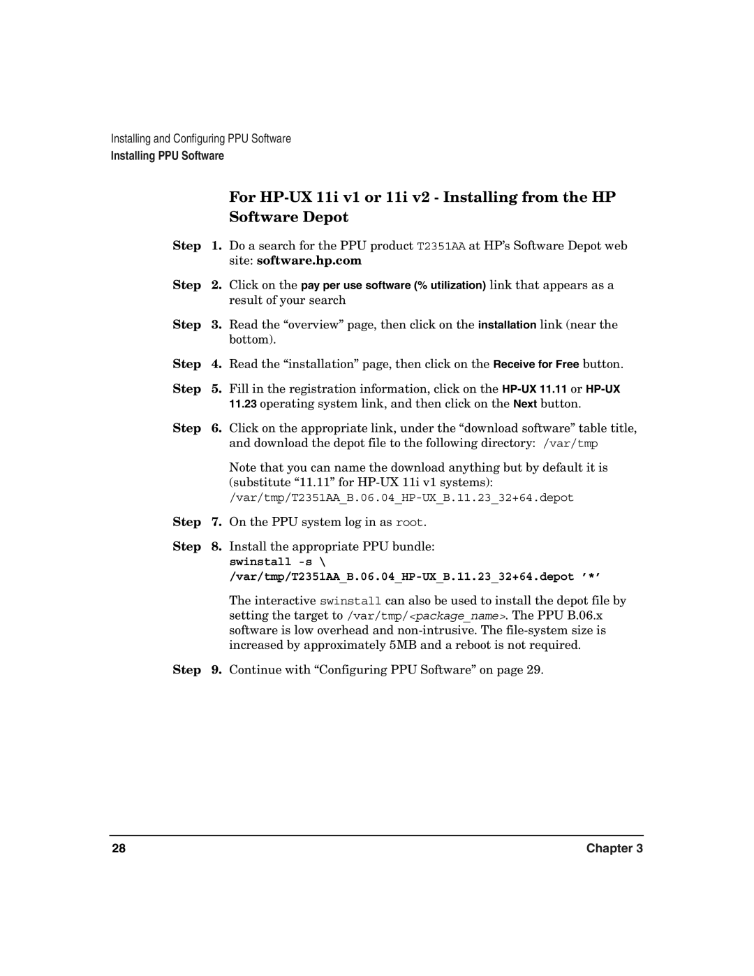 HP B.06.X manual For HP-UX 11i v1 or 11i v2 Installing from the HP, Software Depot, Swinstall -s 