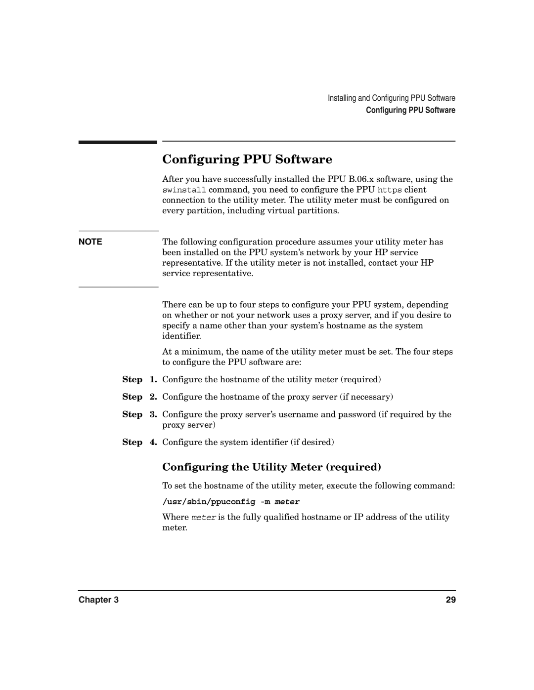 HP B.06.X manual Configuring PPU Software, Configuring the Utility Meter required, Usr/sbin/ppuconfig -m meter 