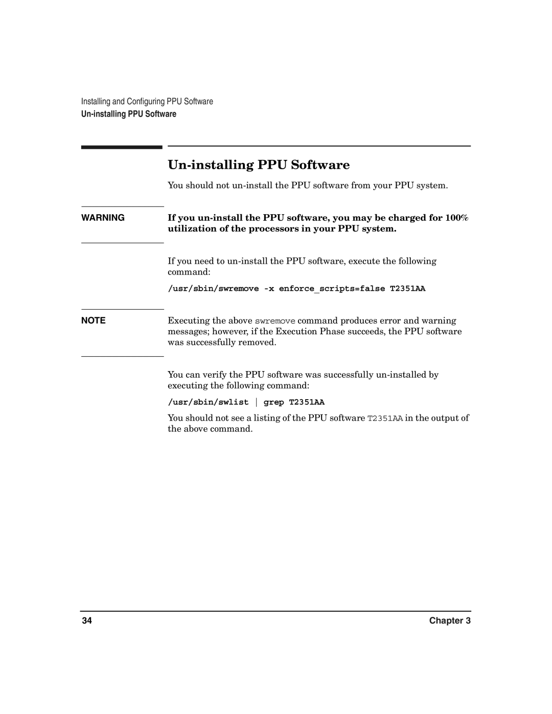 HP B.06.X Un-installing PPU Software, Usr/sbin/swremove -x enforcescripts=false T2351AA, Usr/sbin/swlist grep T2351AA 