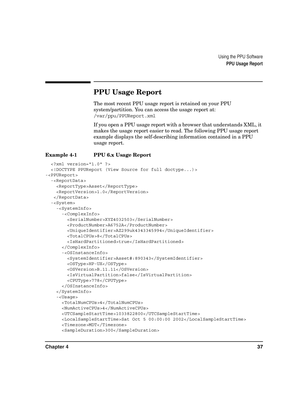 HP B.06.X manual PPU Usage Report, Example 4-1 PPU 6.x Usage Report 