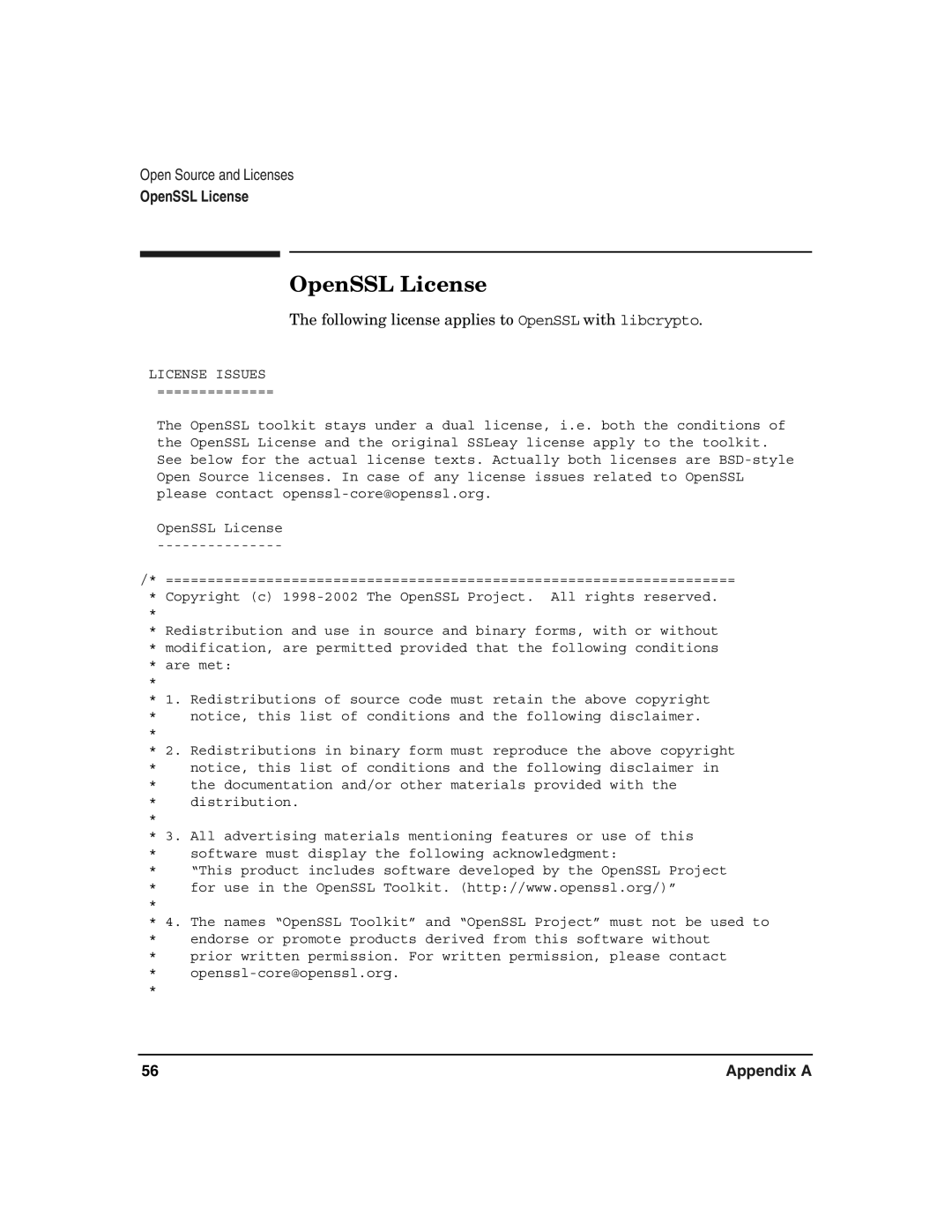 HP B.06.X manual OpenSSL License, Following license applies to OpenSSL with libcrypto 