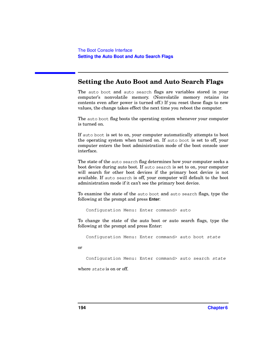 HP b1000 manual Setting the Auto Boot and Auto Search Flags 
