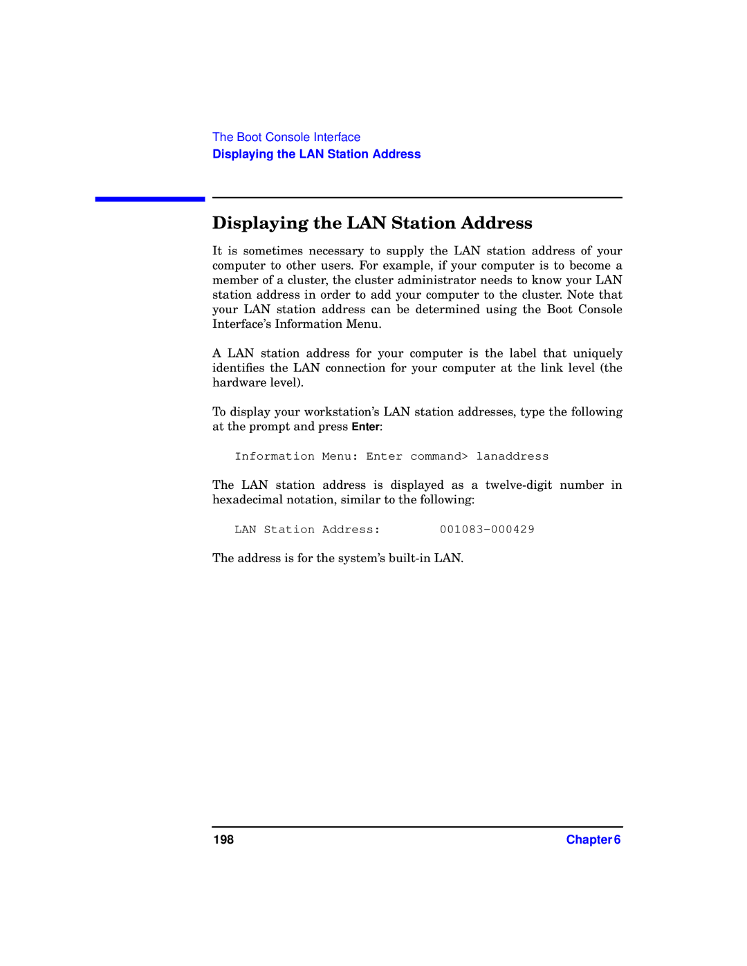 HP b1000 manual Displaying the LAN Station Address 