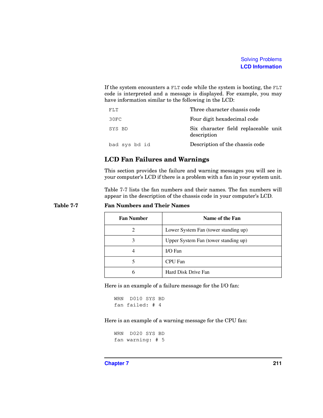 HP b1000 manual LCD Fan Failures and Warnings, Fan Numbers and Their Names, Fan Number Name of the Fan 