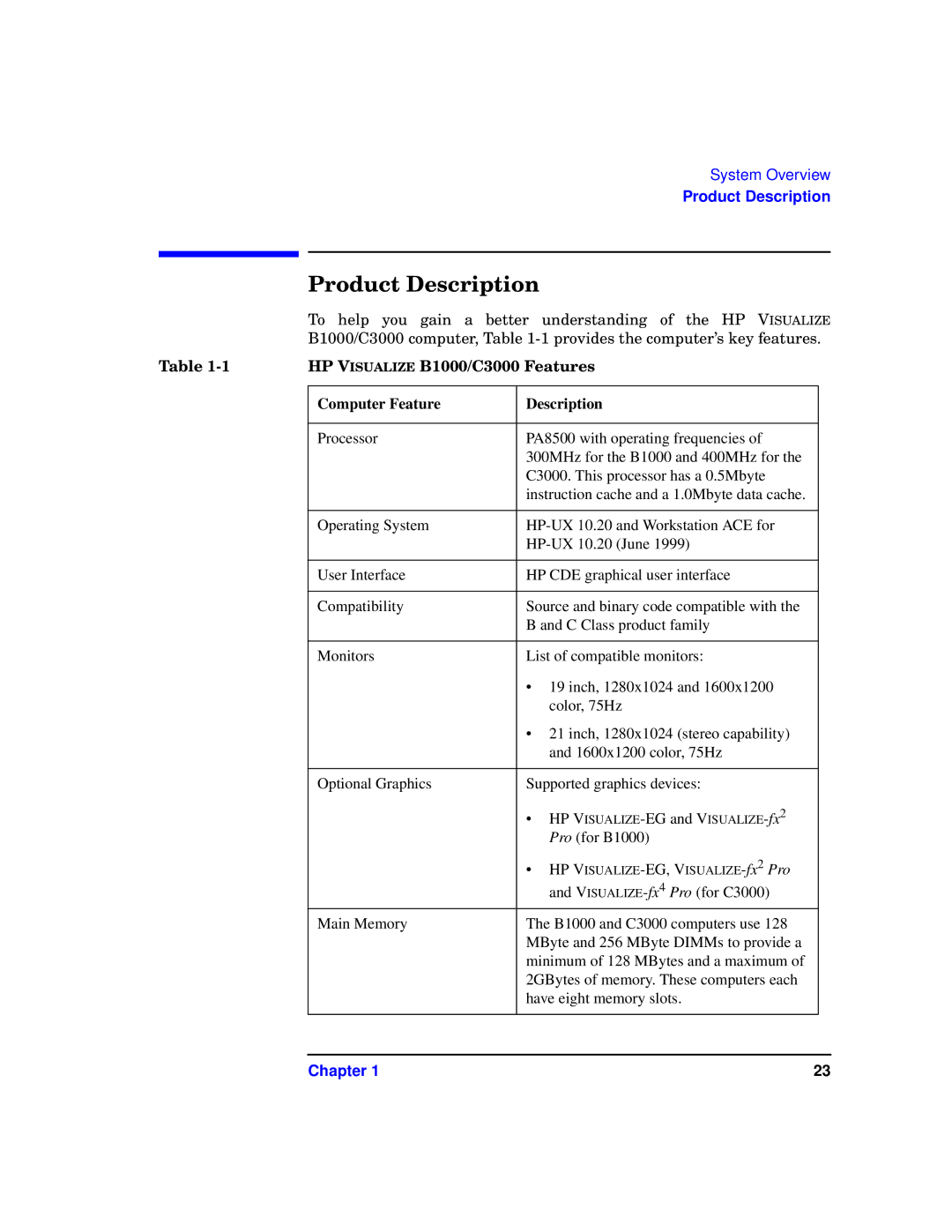 HP b1000 manual Product Description, HP V Isualize B1000/C3000 Features, Computer Feature Description 