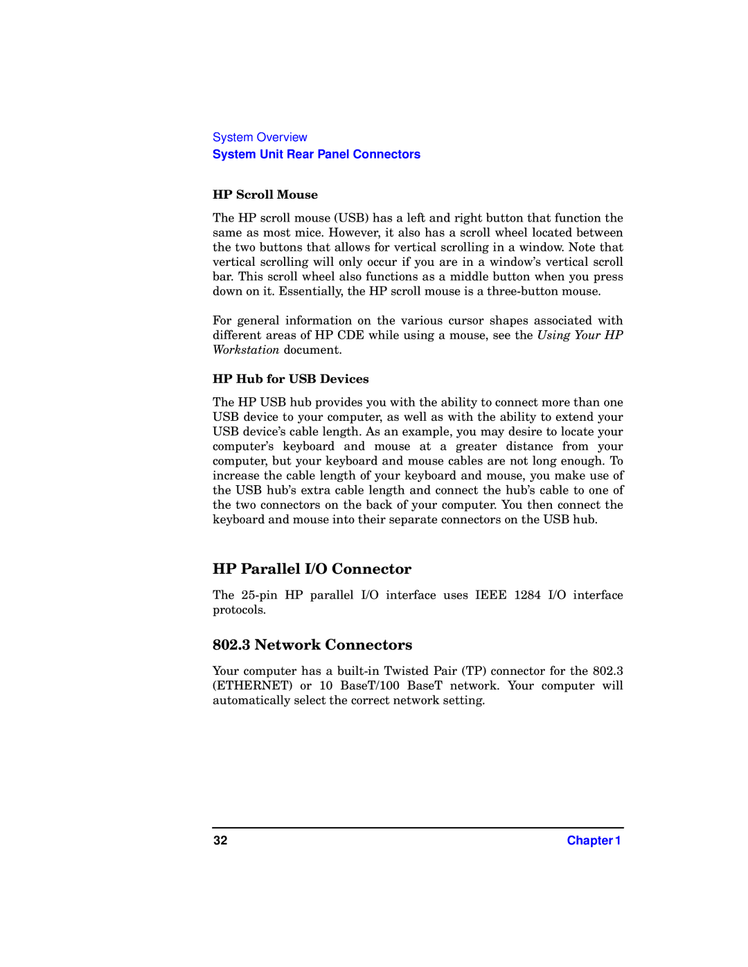 HP b1000 manual HP Parallel I/O Connector, Network Connectors, HP Scroll Mouse, HP Hub for USB Devices 