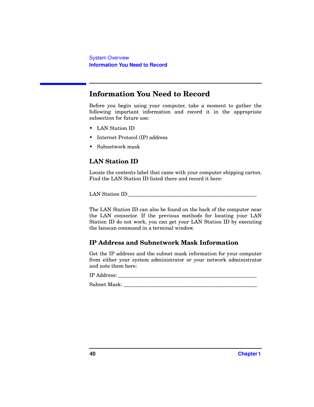HP b1000 manual Information You Need to Record, LAN Station ID, IP Address and Subnetwork Mask Information 