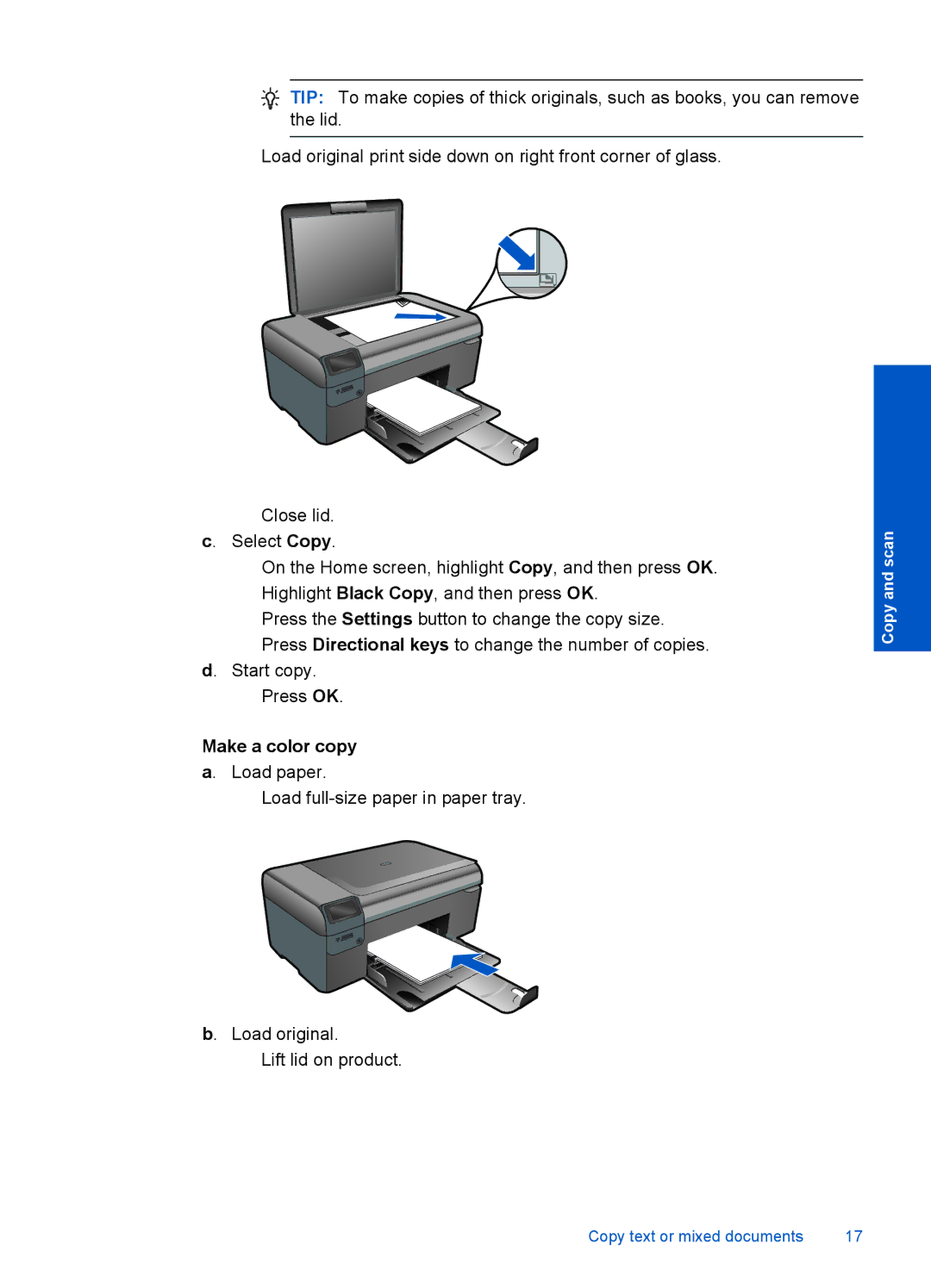 HP B110e, B110b, B110a, B110c, B110d manual Make a color copy a. Load paper 