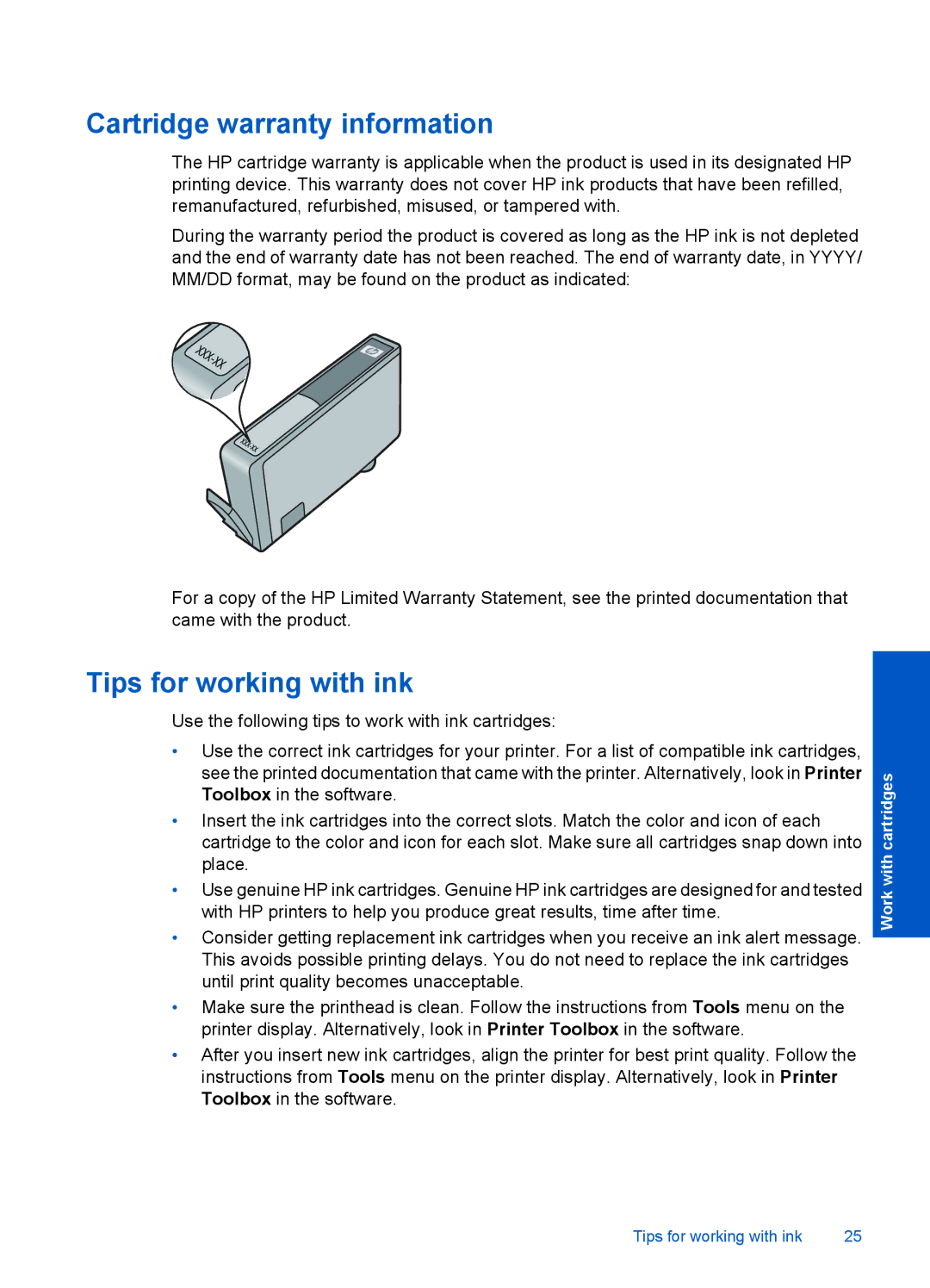 HP B110c, B110b, B110a, B110d, B110e manual Cartridge warranty information, Tips for working with ink 