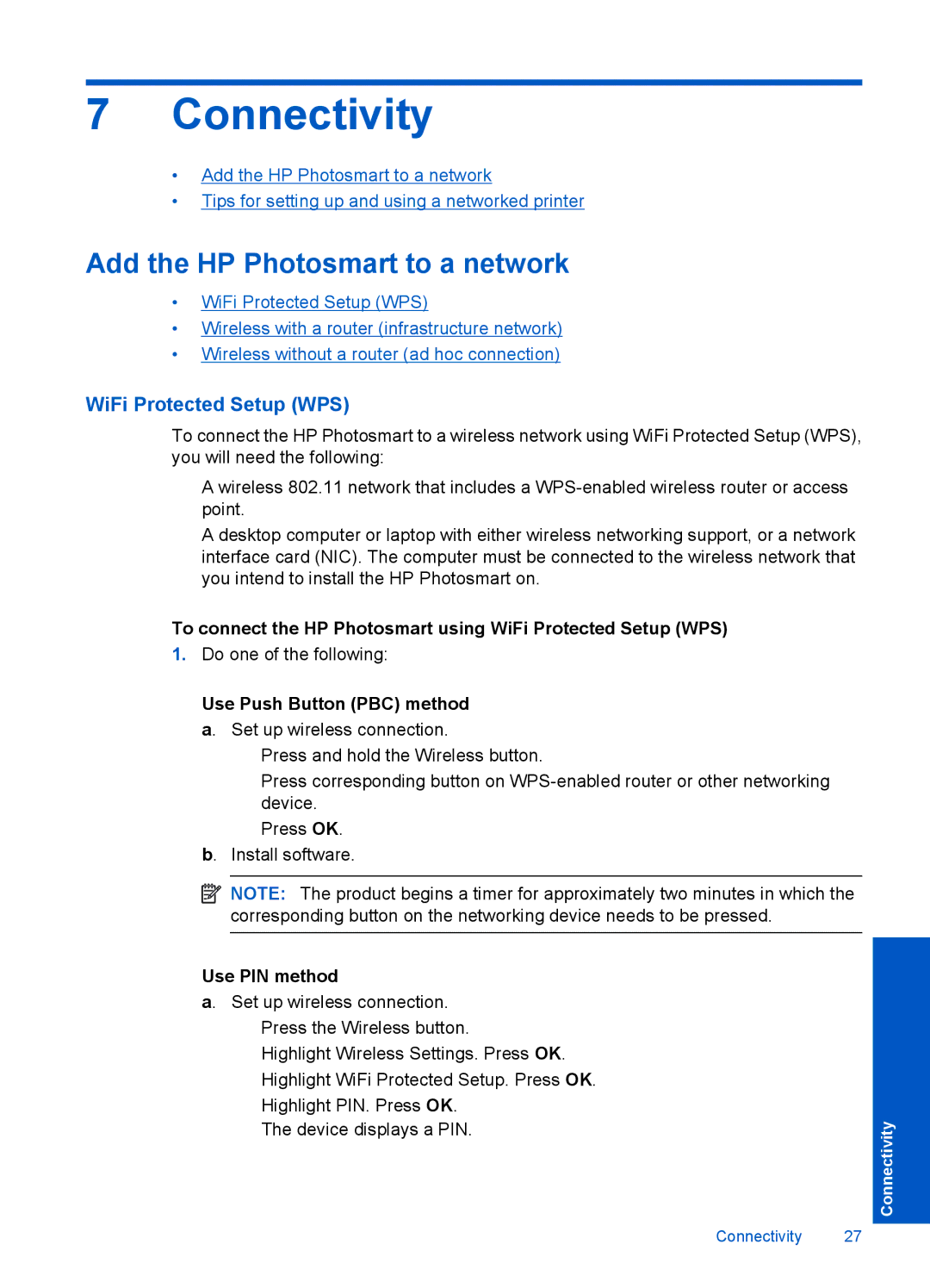 HP B110e Connectivity, Add the HP Photosmart to a network, To connect the HP Photosmart using WiFi Protected Setup WPS 