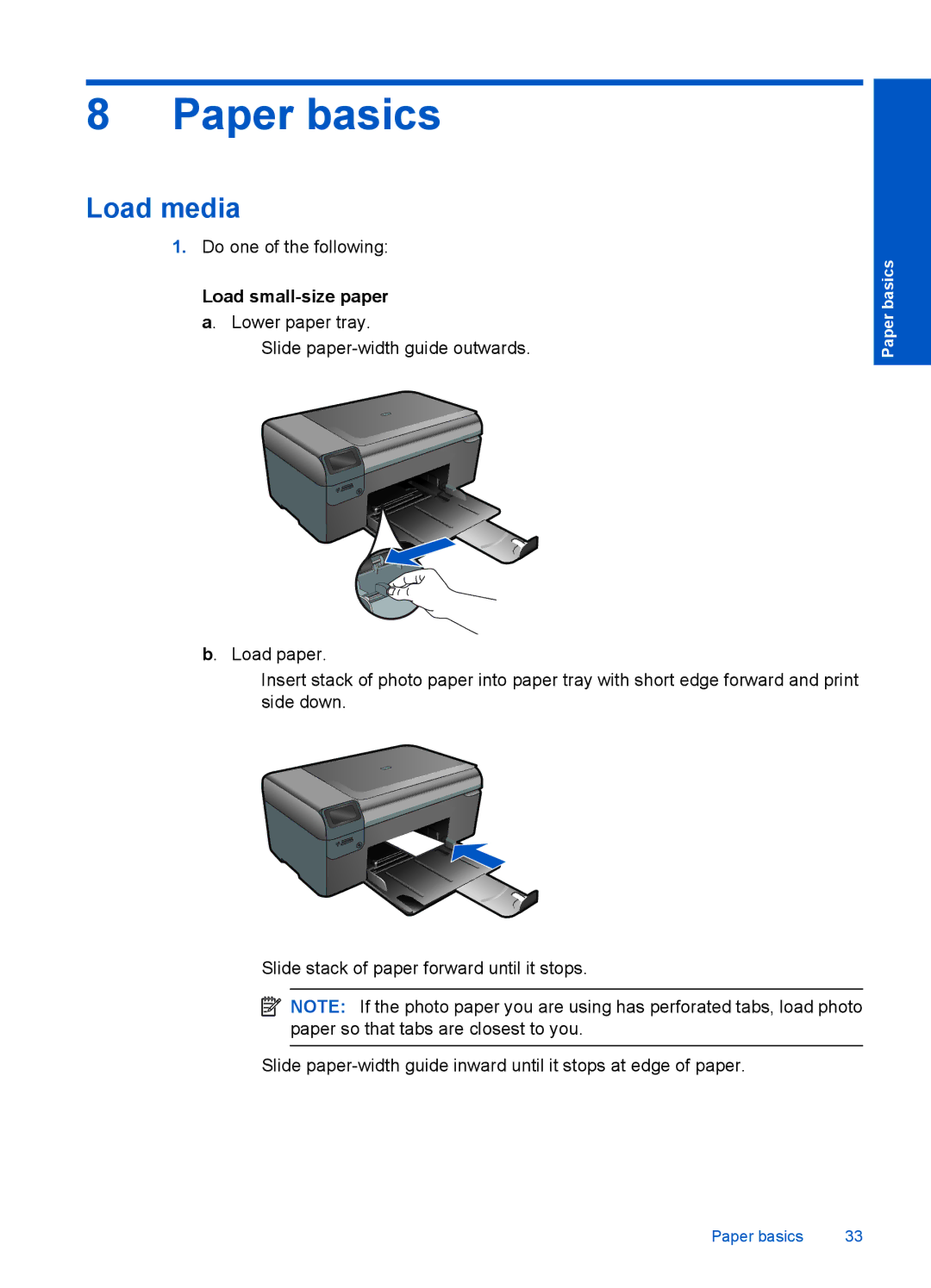 HP B110b, B110a, B110c, B110d, B110e manual Paper basics, Load media, Load small-size paper a. Lower paper tray 