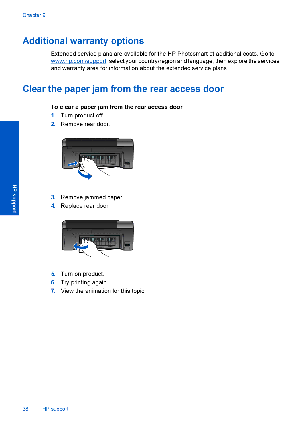 HP B110b, B110a, B110c, B110d, B110e manual To clear a paper jam from the rear access door 