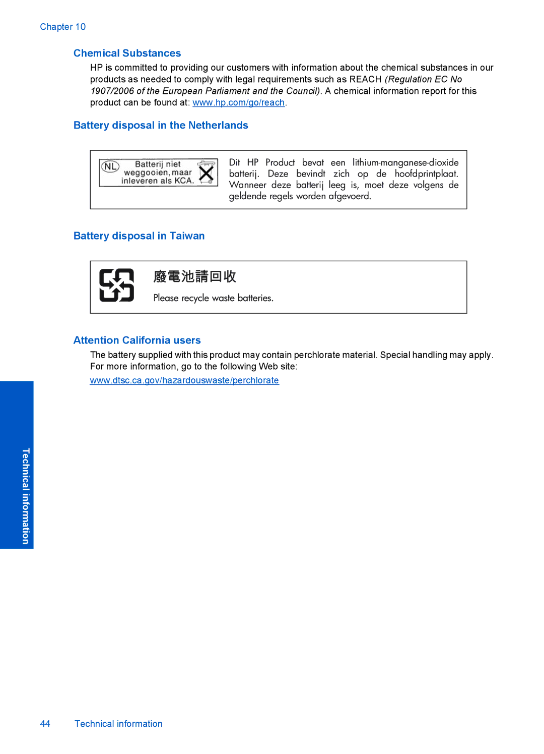 HP B110a, B110b, B110c, B110d, B110e manual Chemical Substances Battery disposal in the Netherlands 