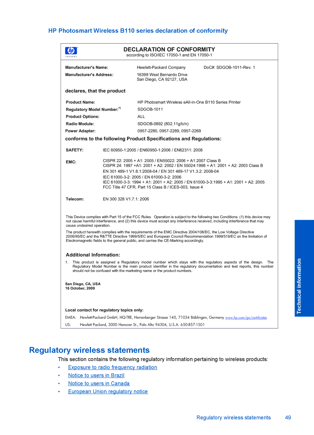 HP B110a, B110b, B110c, B110d, B110e manual Regulatory wireless statements 