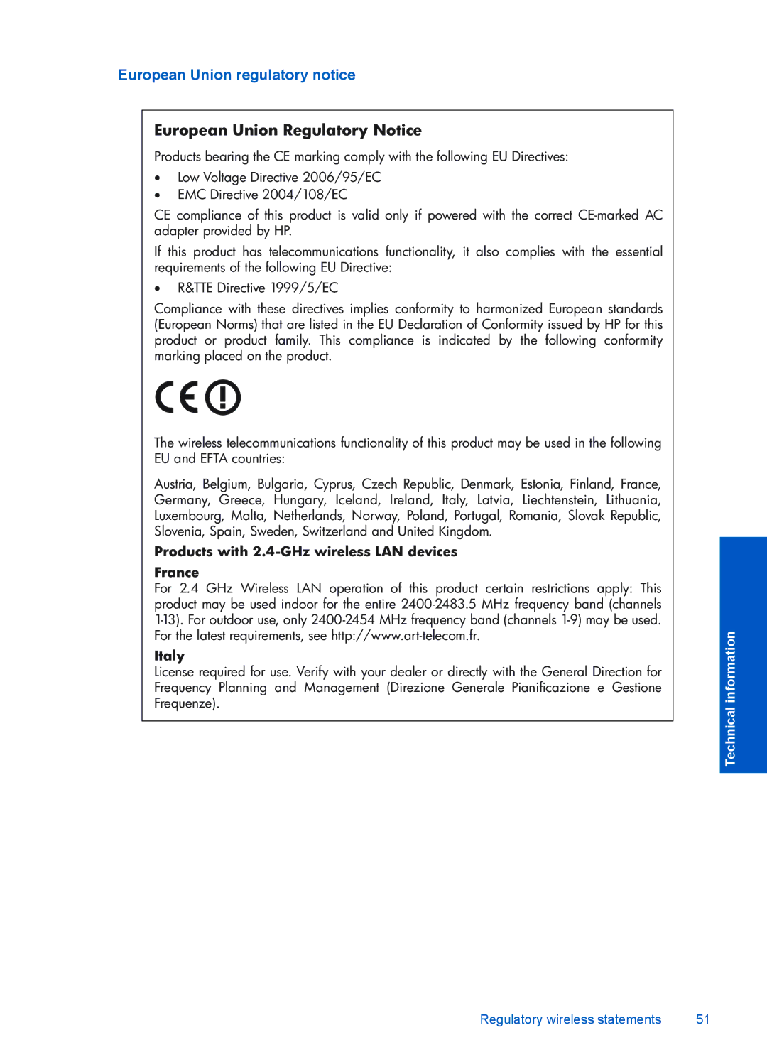 HP B110d, B110b, B110a, B110c, B110e manual European Union Regulatory Notice 