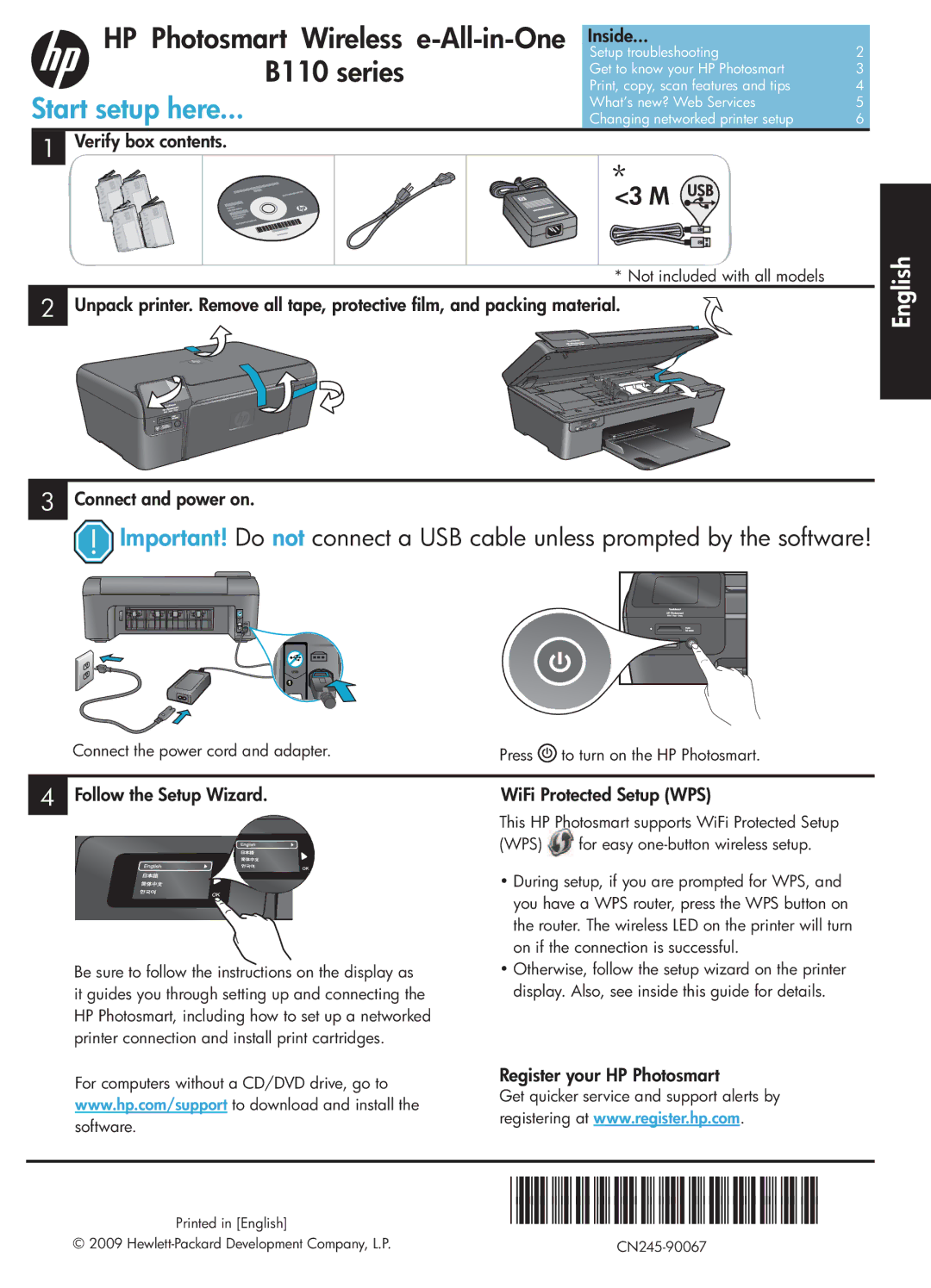 HP B110a, B110b, B110c manual Verify box contents, Connect and power on, Follow the Setup Wizard, WiFi Protected Setup WPS 