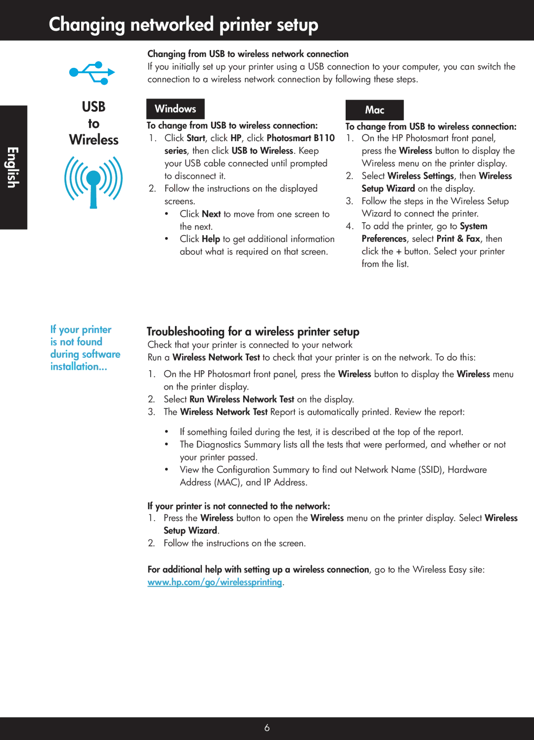 HP B110a, B110b, B110c, B110d, B110e Changing networked printer setup, Wireless, To change from USB to wireless connection 