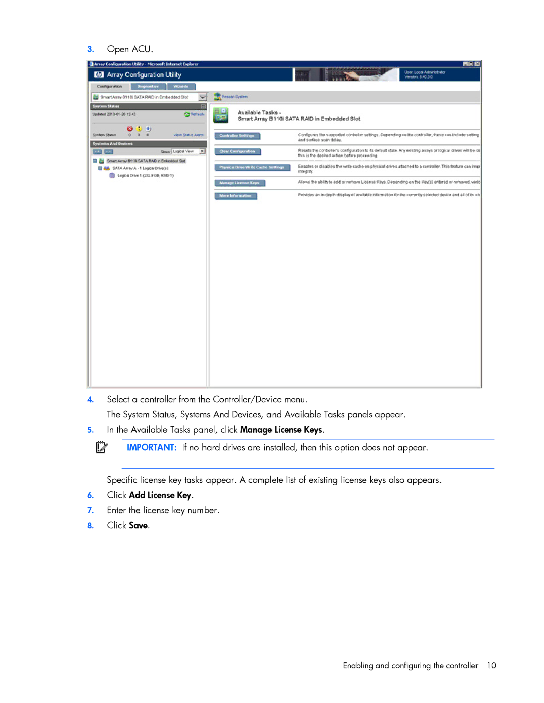 HP B110I manual Enabling and configuring the controller 